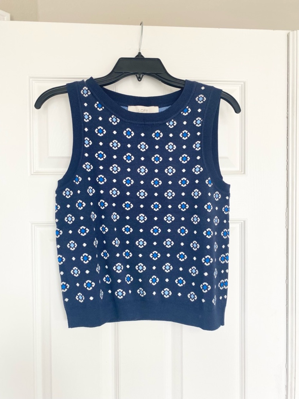 LOFT Navy Blue Floral Knit Tank with White Accents